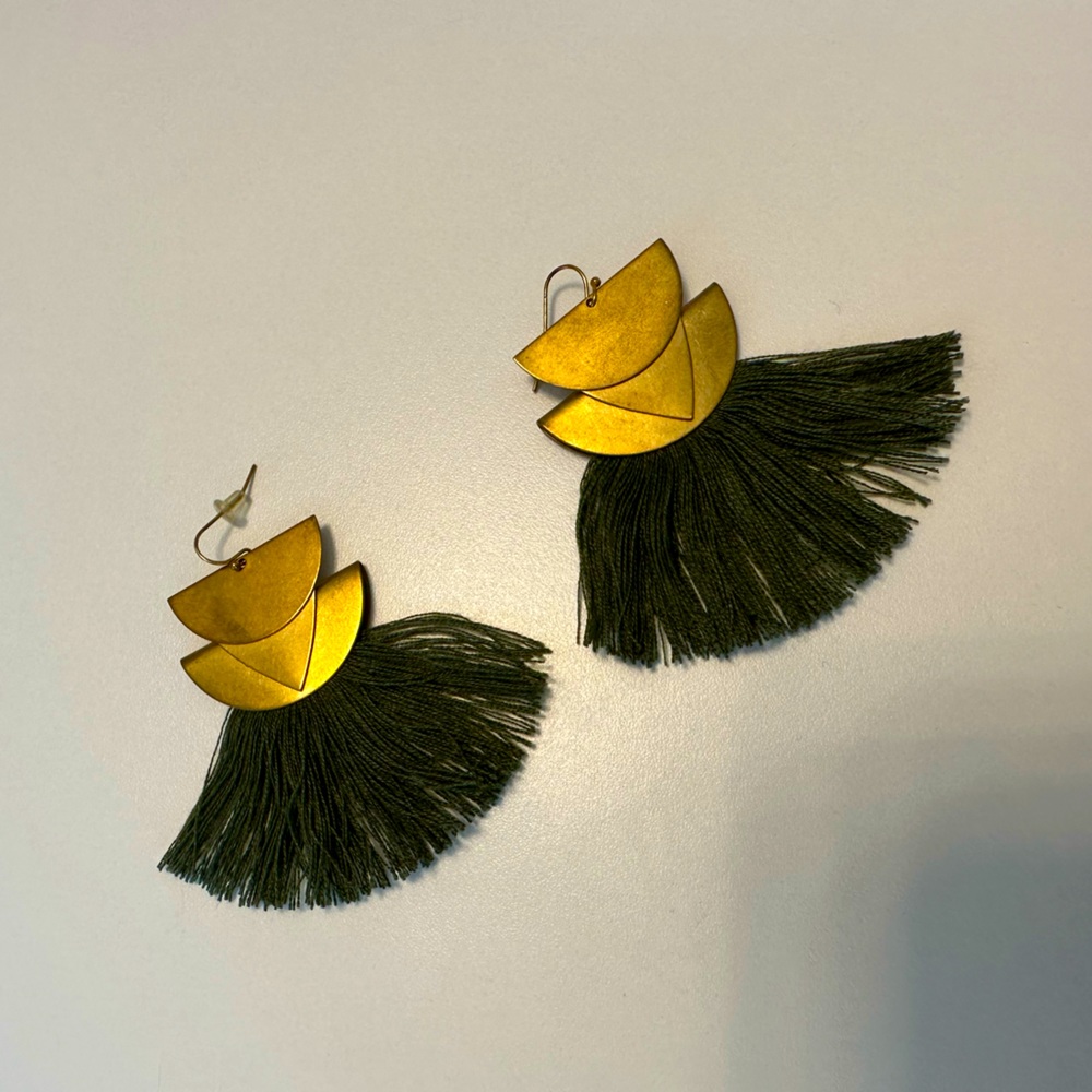 Anthropologie Dark Green and Gold Feather Earrings